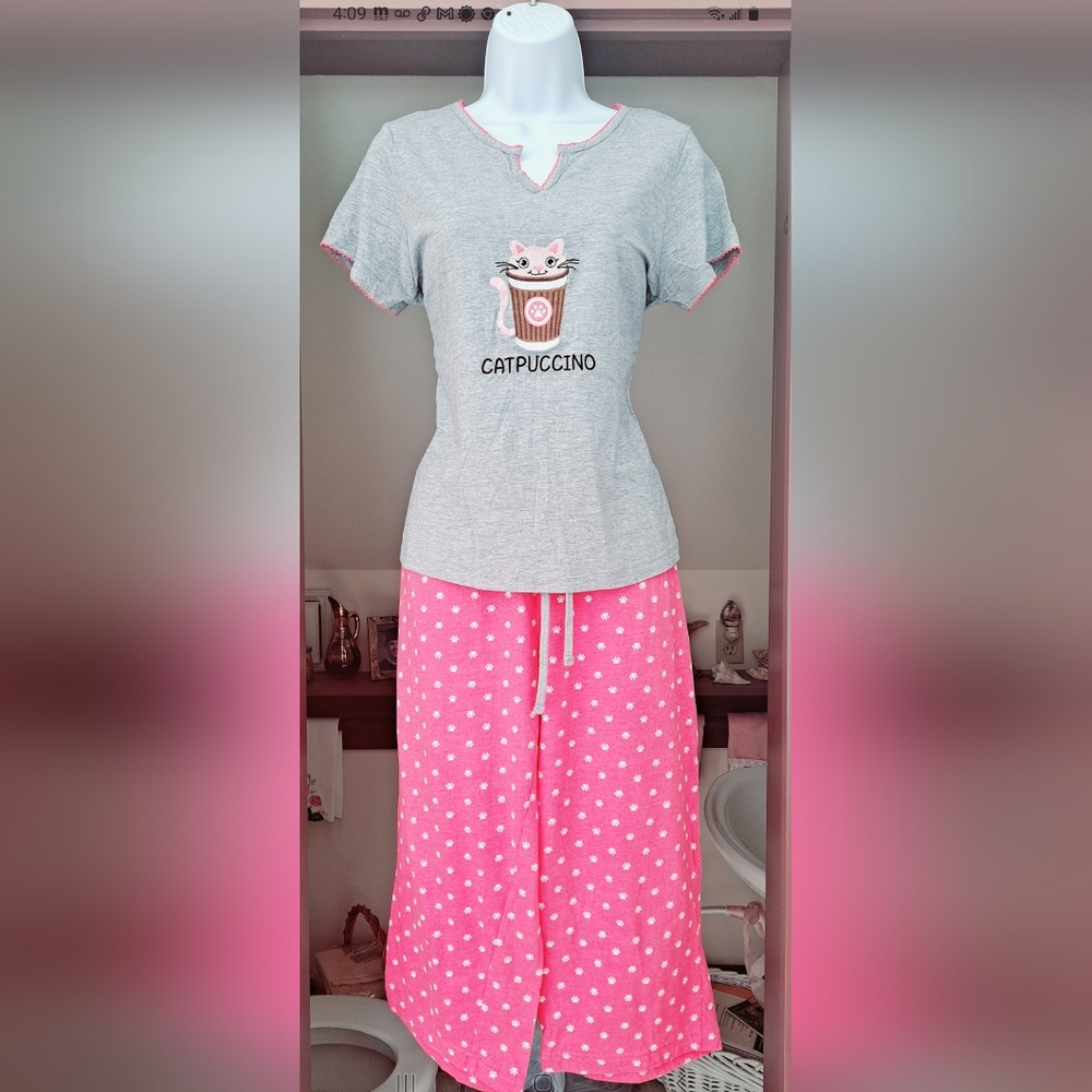 Rene Rofe Cat Lover Pajama Set Hot Pink Lounge Set Pants MED NWOT